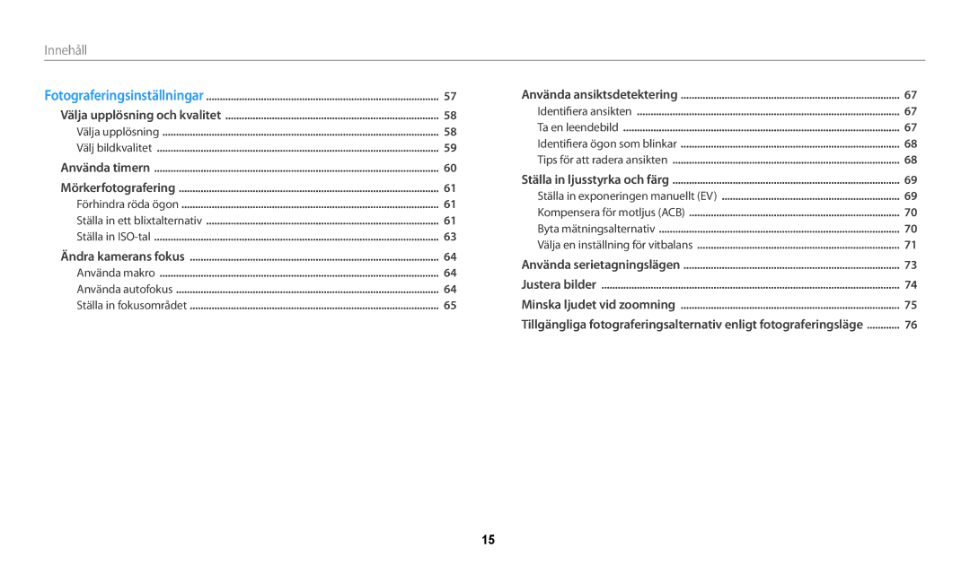 Samsung EC-WB32FZBDBE2, EC-WB30FZBPLE2, EC-WB30FZBPPE2, EC-WB31FZBPBE2, EC-WB31FZBPWE2, EC-WB32FZBDWE2 manual Innehåll﻿ 