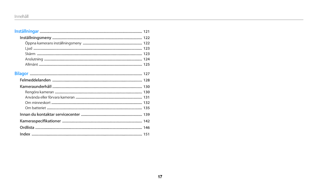 Samsung EC-WB30FZBPLE2, EC-WB30FZBPPE2, EC-WB31FZBPBE2, EC-WB31FZBPWE2, EC-WB32FZBDWE2, EC-WB30FZBPBE2 manual Innehåll﻿ 