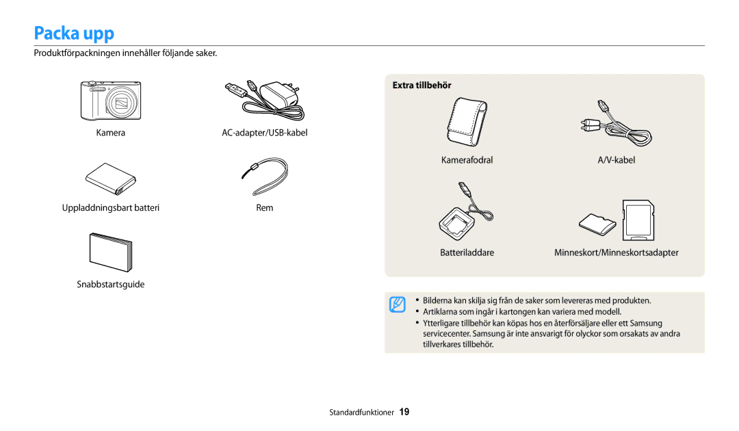 Samsung EC-WB31FZBPBE2, EC-WB30FZBPLE2 manual Packa upp, Produktförpackningen innehåller följande saker, Extra tillbehör 