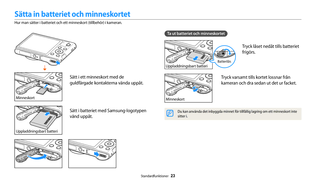 Samsung EC-WB31FZBPLE2, EC-WB30FZBPLE2 manual Sätta in batteriet och minneskortet, Tryck låset nedåt tills batteriet frigörs 