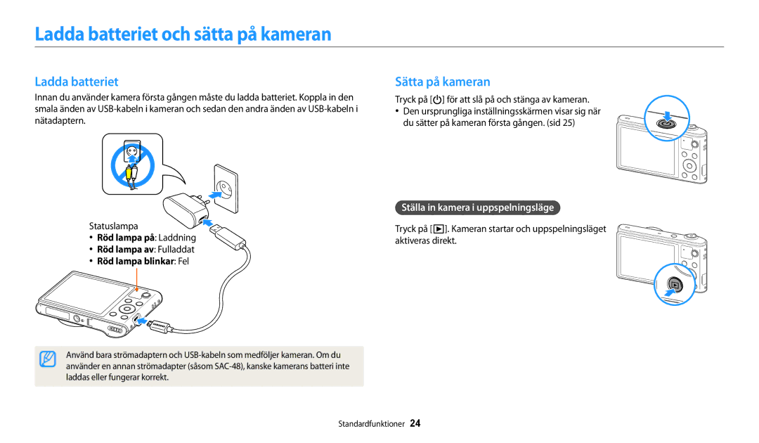 Samsung EC-WB32FZBDBE2 manual Ladda batteriet och sätta på kameran, Sätta på kameran, Ställa in kamera i uppspelningsläge 