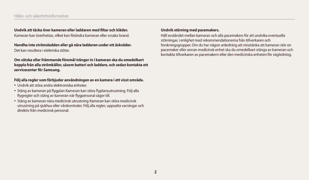 Samsung EC-WB31FZBPWE2, EC-WB30FZBPLE2 manual Undvik att störa andra elektroniska enheter, Undvik störning med pacemakers 