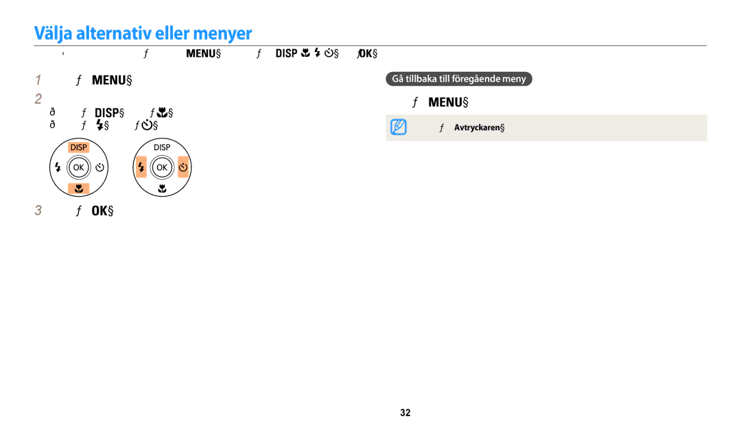 Samsung EC-WB31FZBPLE2, EC-WB30FZBPLE2 manual Välja alternativ eller menyer, Tryck på, Gå till ett alternativ eller en meny 