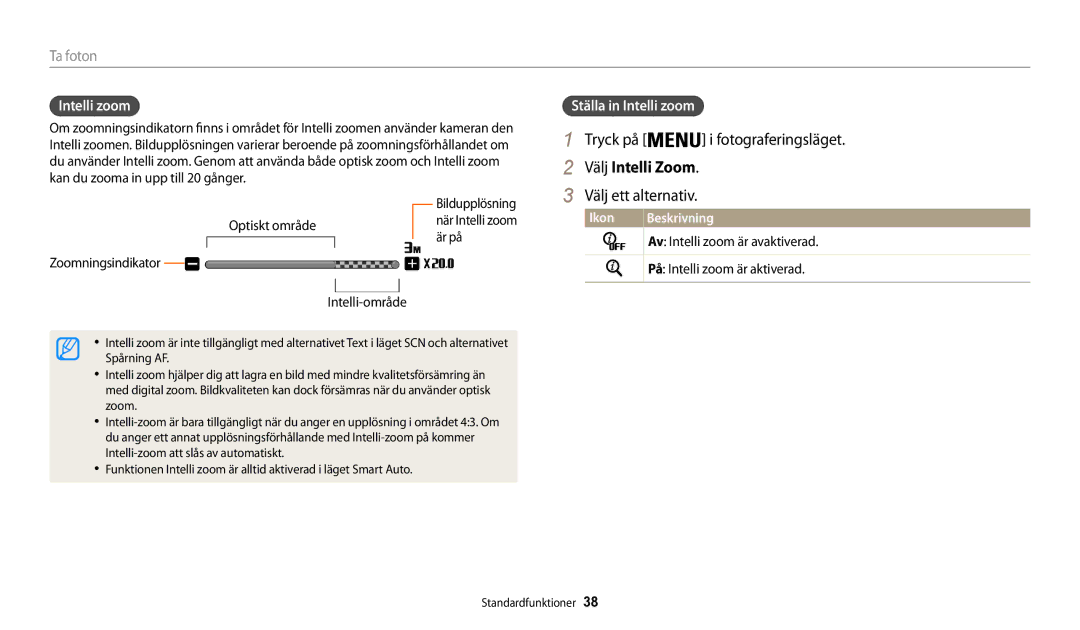 Samsung EC-WB31FZBPWE2, EC-WB30FZBPLE2, EC-WB30FZBPPE2 Välj Intelli Zoom, Ställa in Intelli zoom, Fotograferingsläget 