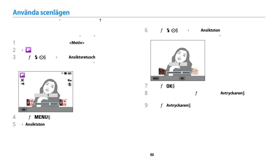 Samsung EC-WB31FZBPLE2 manual Använda scenlägen, Använda läget Skönhetsbild, Välj Ansiktston, För att spara inställningen 