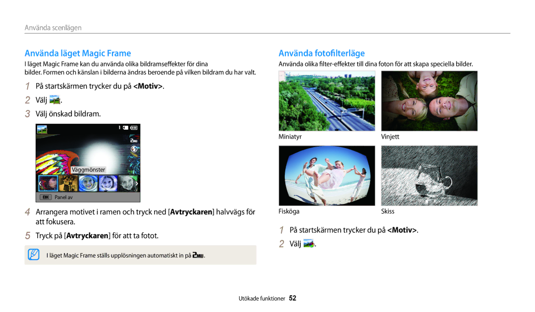 Samsung EC-WB30FZBPWE2 manual Använda läget Magic Frame, Använda fotofilterläge, På startskärmen trycker du på Motiv Välj 