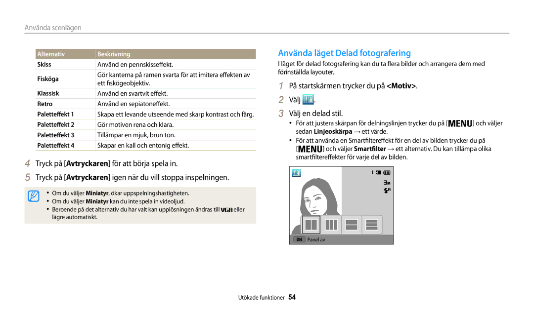 Samsung EC-WB30FZBPPE2 Använda läget Delad fotografering, På startskärmen trycker du på Motiv Välj Välj en delad stil 