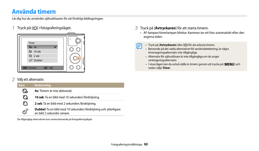 Samsung EC-WB32FZBDBE2, EC-WB30FZBPLE2, EC-WB30FZBPPE2 manual Använda timern, Tryck på Avtryckaren för att starta timern 