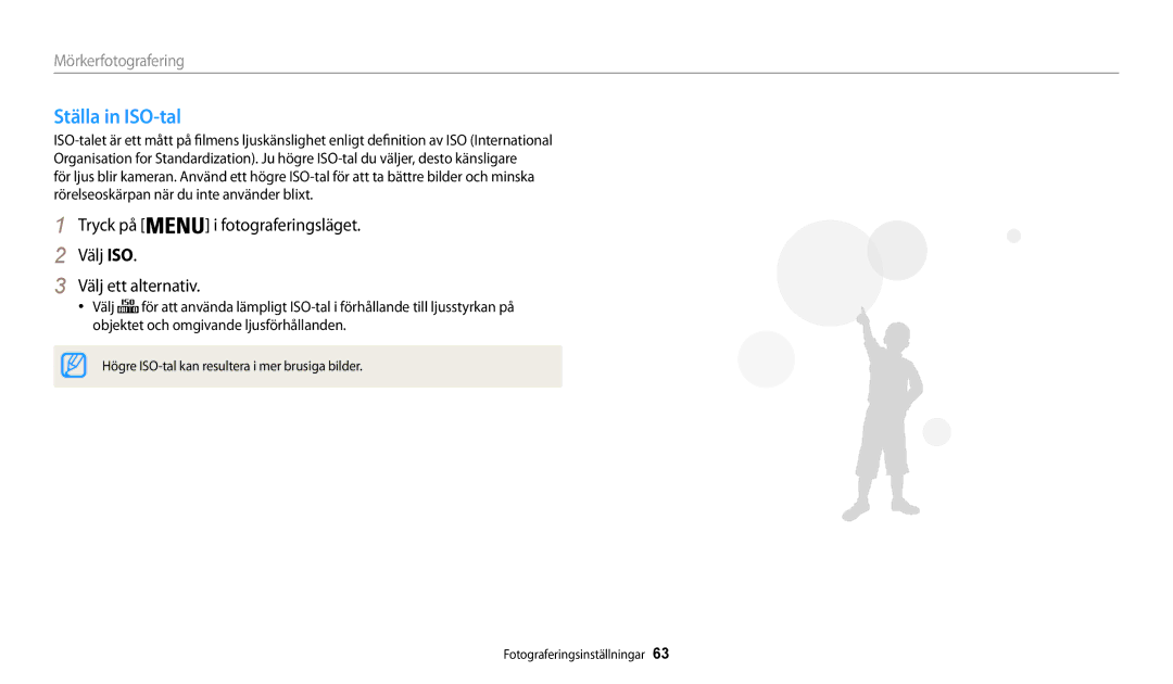 Samsung EC-WB30FZBPPE2, EC-WB30FZBPLE2 manual Ställa in ISO-tal, Tryck på i fotograferingsläget Välj ISO Välj ett alternativ 