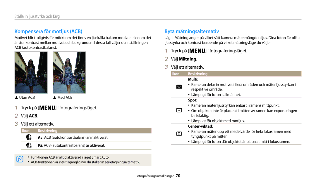 Samsung EC-WB30FZBPWE2, EC-WB30FZBPLE2 manual Kompensera för motljus ACB, Byta mätningsalternativ, Välj Mätning, Multi 