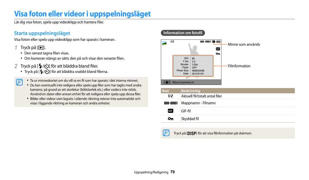 Samsung EC-WB30FZBPWE2 manual Visa foton eller videor i uppspelningsläget, Starta uppspelningsläget, Information om fotofil 