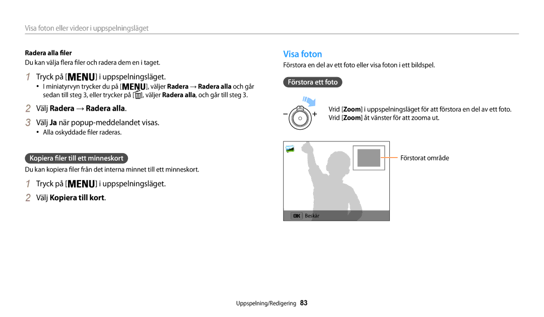 Samsung EC-WB31FZBPWE2 Visa foton, Välj Radera → Radera alla, Välj Kopiera till kort, Kopiera filer till ett minneskort 