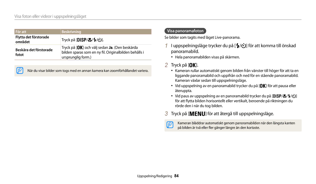 Samsung EC-WB32FZBDWE2, EC-WB30FZBPLE2, EC-WB30FZBPPE2 Visa panoramafoton, För att, Flytta det förstorade, Området, Fotot 