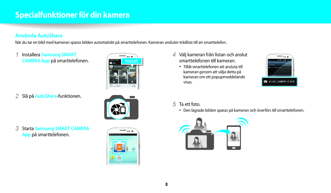 Samsung EC-WB30FZBPLE2, EC-WB30FZBPPE2, EC-WB31FZBPBE2 manual Slå på AutoShare-funktionen, App på smarttelefonen, Ta ett foto 