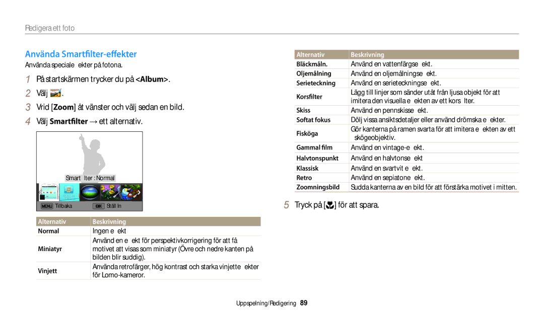 Samsung EC-WB30FZBPLE2 manual Använda Smartfilter-effekter, Normal, Imitera den visuella effekten av ett korsfilter 