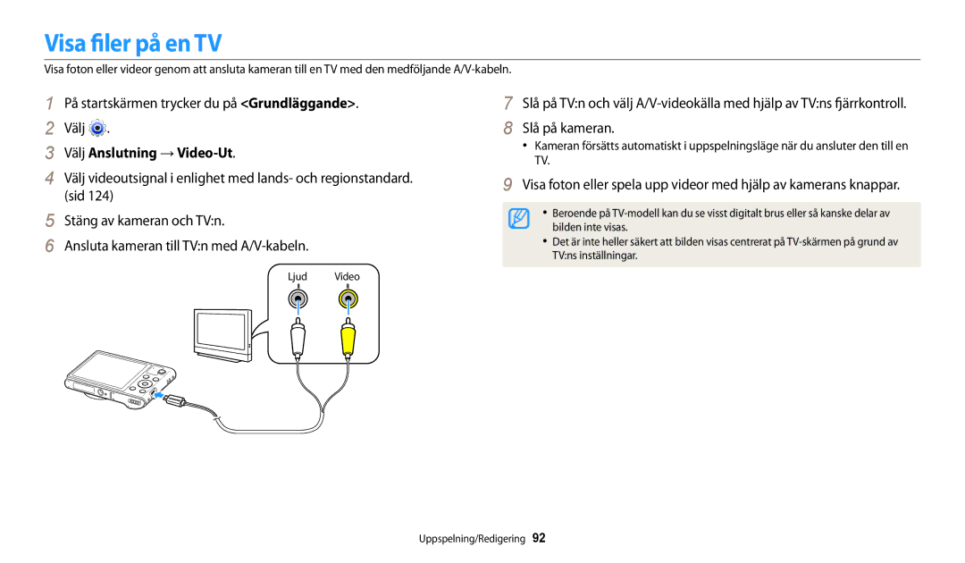 Samsung EC-WB31FZBPWE2, EC-WB30FZBPLE2, EC-WB30FZBPPE2 manual Visa filer på en TV, Välj Anslutning → Video-Ut, Slå på kameran 