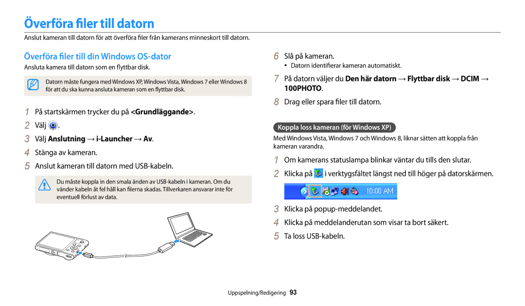 Samsung EC-WB32FZBDWE2, EC-WB30FZBPLE2, EC-WB30FZBPPE2 Överföra filer till datorn, Överföra filer till din Windows OS-dator 