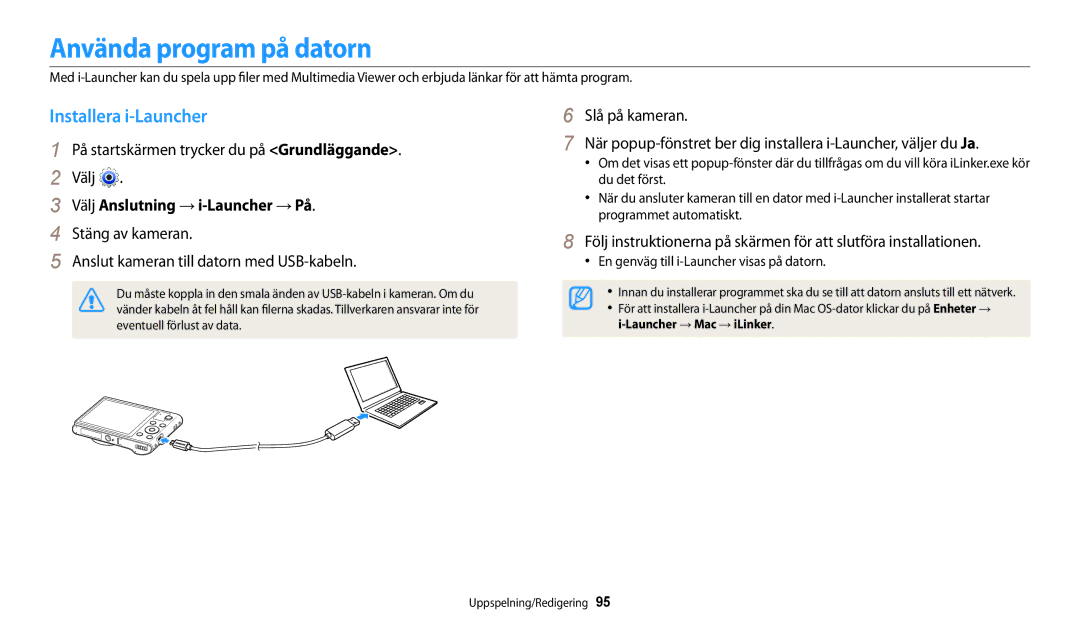 Samsung EC-WB31FZBPLE2, EC-WB30FZBPLE2 Använda program på datorn, Installera i-Launcher, Välj Anslutning → i-Launcher → På 