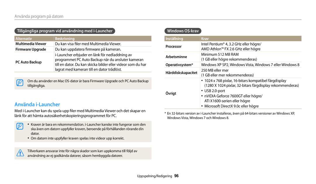 Samsung EC-WB32FZBDBE2 manual Använda i-Launcher, Tillgängliga program vid användning med i-Launcher, Windows OS-krav 