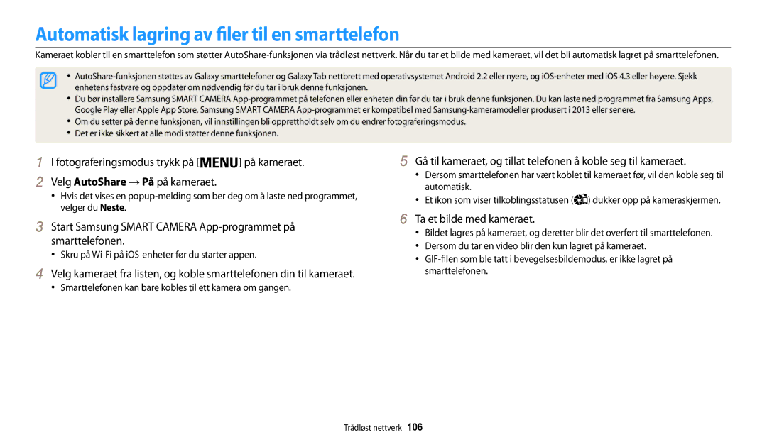 Samsung EC-WB30FZBPWE2, EC-WB30FZBPLE2 manual Automatisk lagring av filer til en smarttelefon, Fotograferingsmodus trykk på 