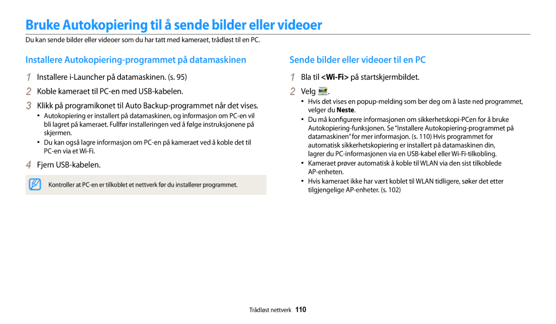 Samsung EC-WB31FZBPWE2 manual Bruke Autokopiering til å sende bilder eller videoer, Sende bilder eller videoer til en PC 