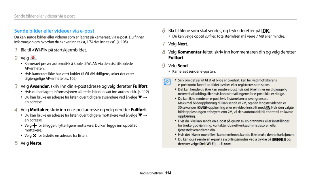 Samsung EC-WB32FZBDBE2, EC-WB30FZBPLE2, EC-WB30FZBPPE2 manual Sende bilder eller videoer via e-post, Kameraet sender e-posten 