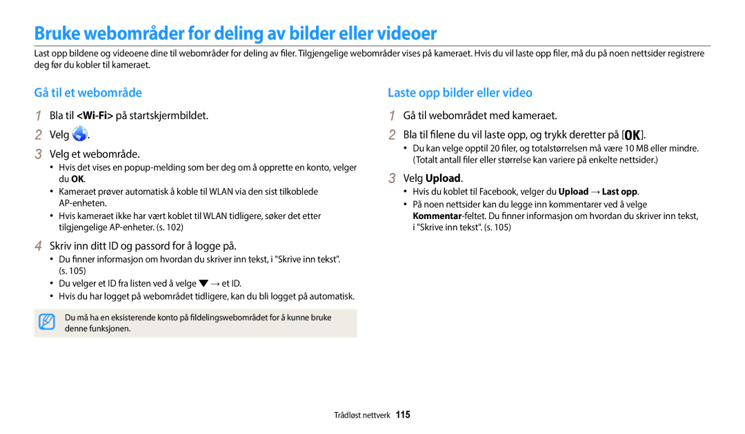 Samsung EC-WB30FZBPWE2, EC-WB30FZBPLE2 manual Bruke webområder for deling av bilder eller videoer, Gå til et webområde 