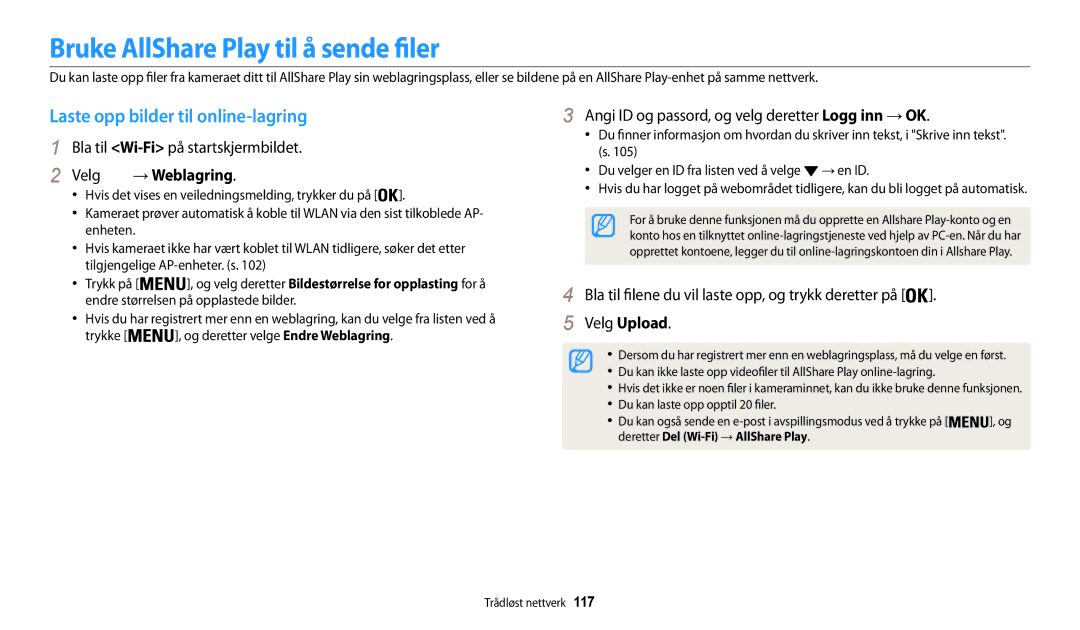 Samsung EC-WB30FZBPPE2 manual Bruke AllShare Play til å sende filer, Laste opp bilder til online-lagring, Velg → Weblagring 