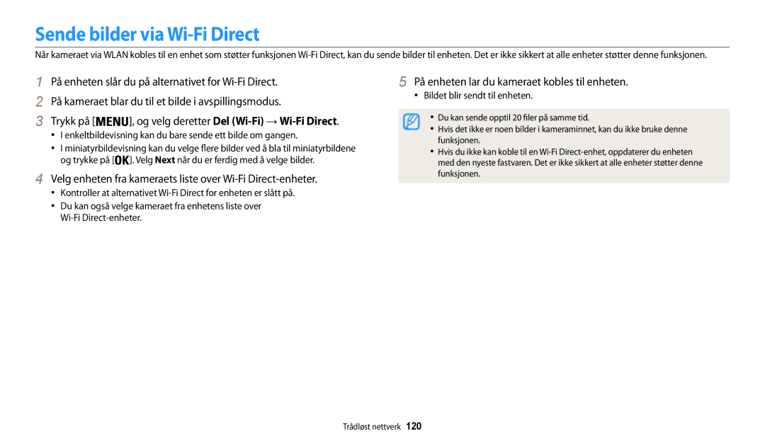 Samsung EC-WB32FZBDWE2 Sende bilder via Wi-Fi Direct, Trykk på, Velg enheten fra kameraets liste over Wi-Fi Direct-enheter 