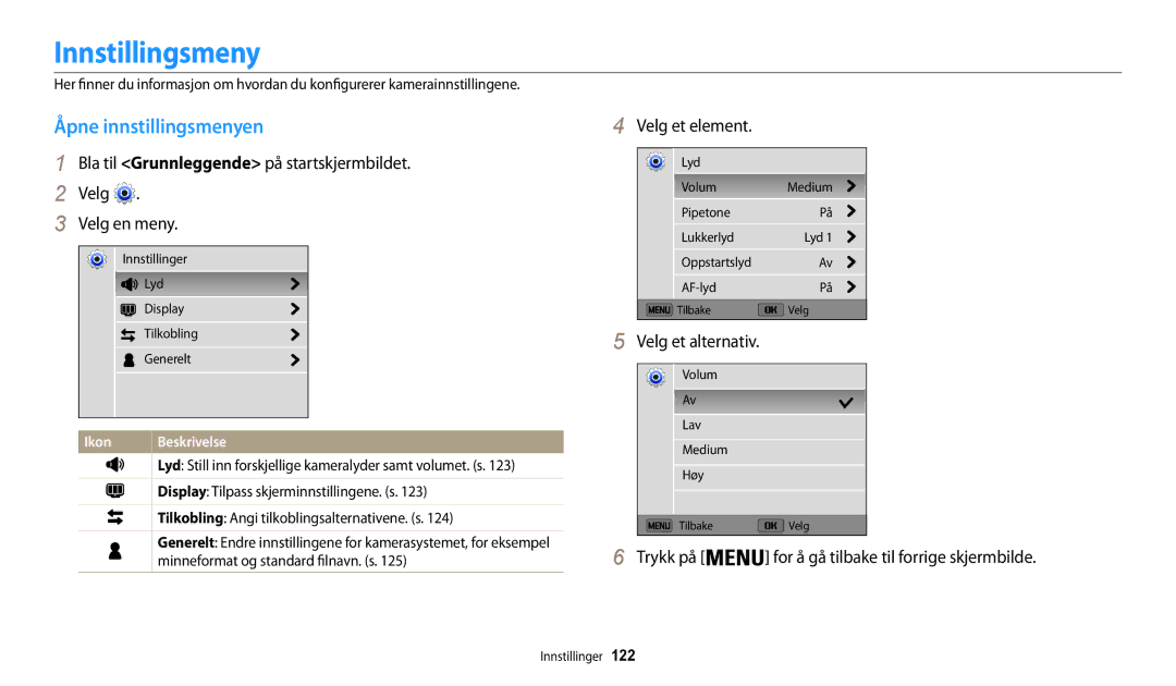 Samsung EC-WB31FZBPLE2, EC-WB30FZBPLE2, EC-WB30FZBPPE2 manual Innstillingsmeny, Åpne innstillingsmenyen, Velg et element 