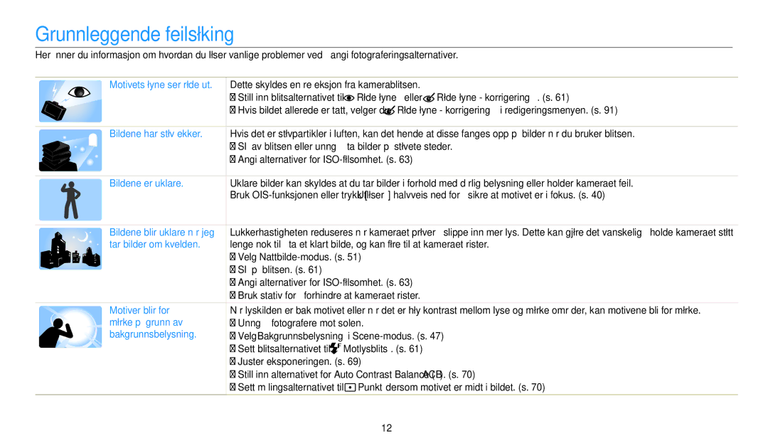 Samsung EC-WB32FZBDWE2, EC-WB30FZBPLE2 Grunnleggende feilsøking, Røde øyne eller Røde øyne korrigering. s, Motlysblits. s 