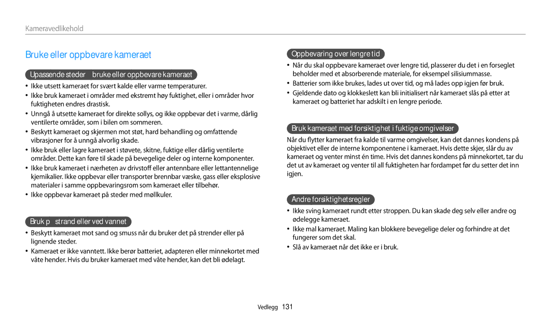 Samsung EC-WB31FZBPLE2, EC-WB30FZBPLE2, EC-WB30FZBPPE2, EC-WB31FZBPBE2, EC-WB31FZBPWE2 manual Bruke eller oppbevare kameraet 