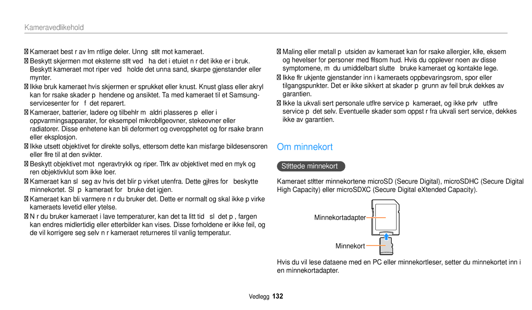 Samsung EC-WB32FZBDBE2, EC-WB30FZBPLE2, EC-WB30FZBPPE2, EC-WB31FZBPBE2, EC-WB31FZBPWE2 manual Om minnekort, Støttede minnekort 