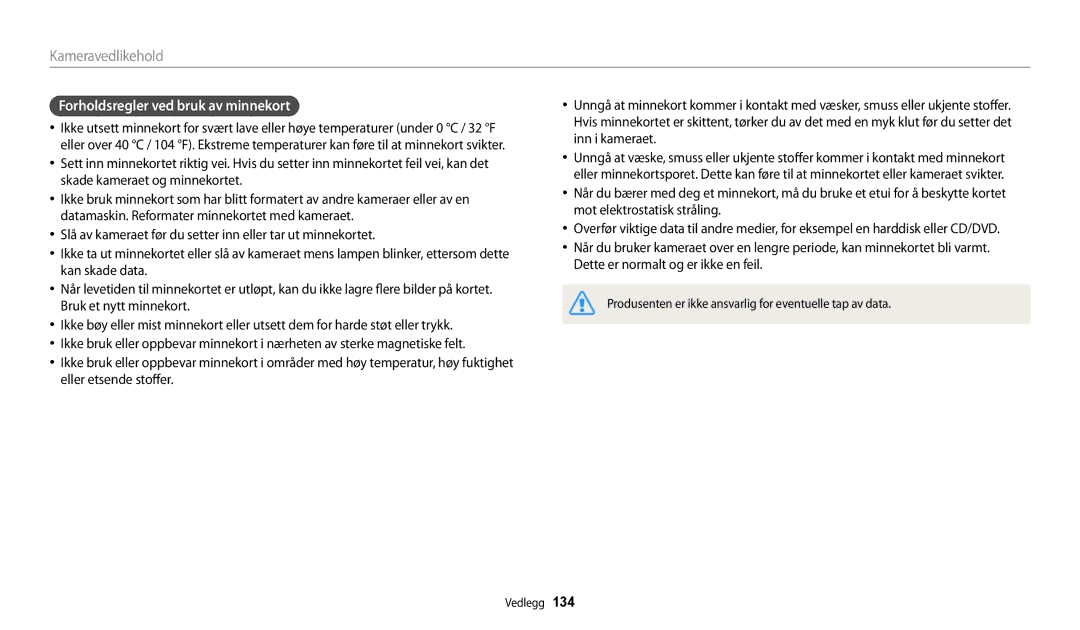 Samsung EC-WB30FZBPLE2, EC-WB30FZBPPE2, EC-WB31FZBPBE2, EC-WB31FZBPWE2, EC-WB32FZBDWE2 Forholdsregler ved bruk av minnekort 