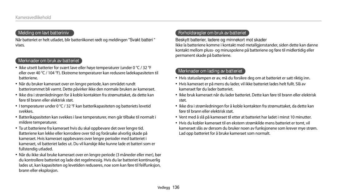 Samsung EC-WB31FZBPBE2 Melding om lavt batterinivå, Merknader om bruk av batteriet, Forholdsregler om bruk av batteriet 