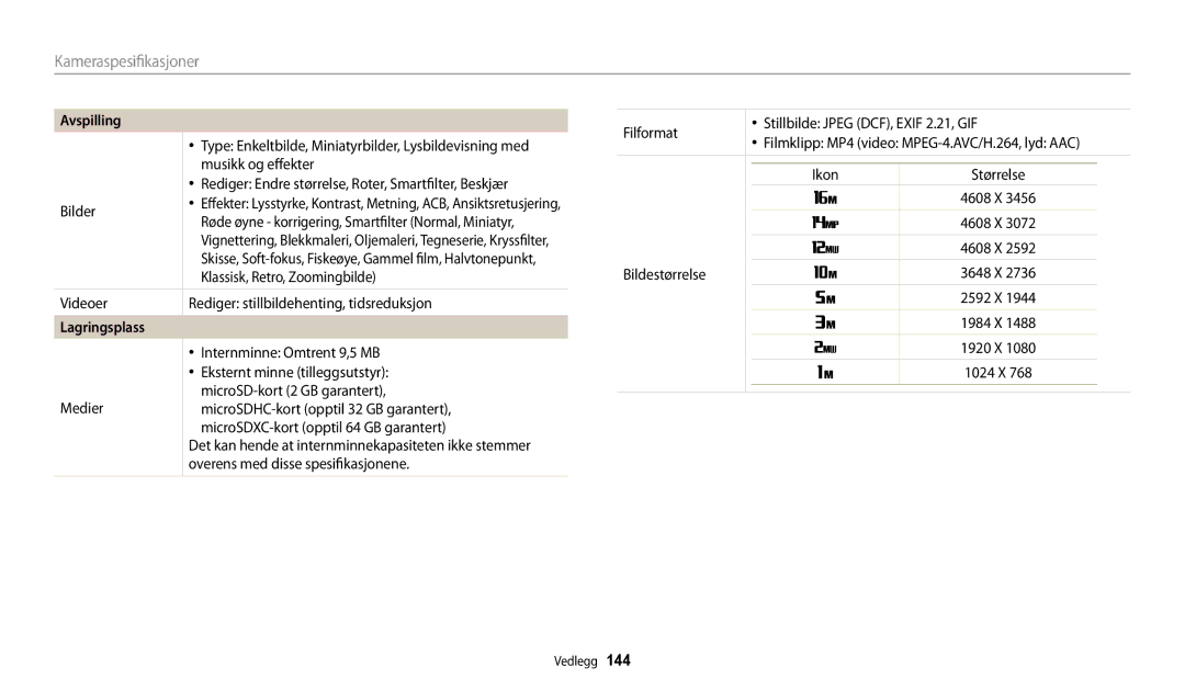 Samsung EC-WB30FZBPPE2, EC-WB30FZBPLE2, EC-WB31FZBPBE2, EC-WB31FZBPWE2, EC-WB32FZBDWE2, EC-WB30FZBPBE2 manual Lagringsplass 