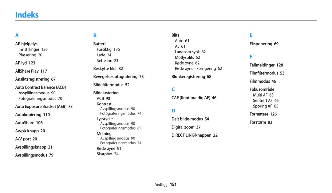 Samsung EC-WB30FZBPWE2, EC-WB30FZBPLE2, EC-WB30FZBPPE2, EC-WB31FZBPBE2, EC-WB31FZBPWE2, EC-WB32FZBDWE2, EC-WB30FZBPBE2 Indeks 