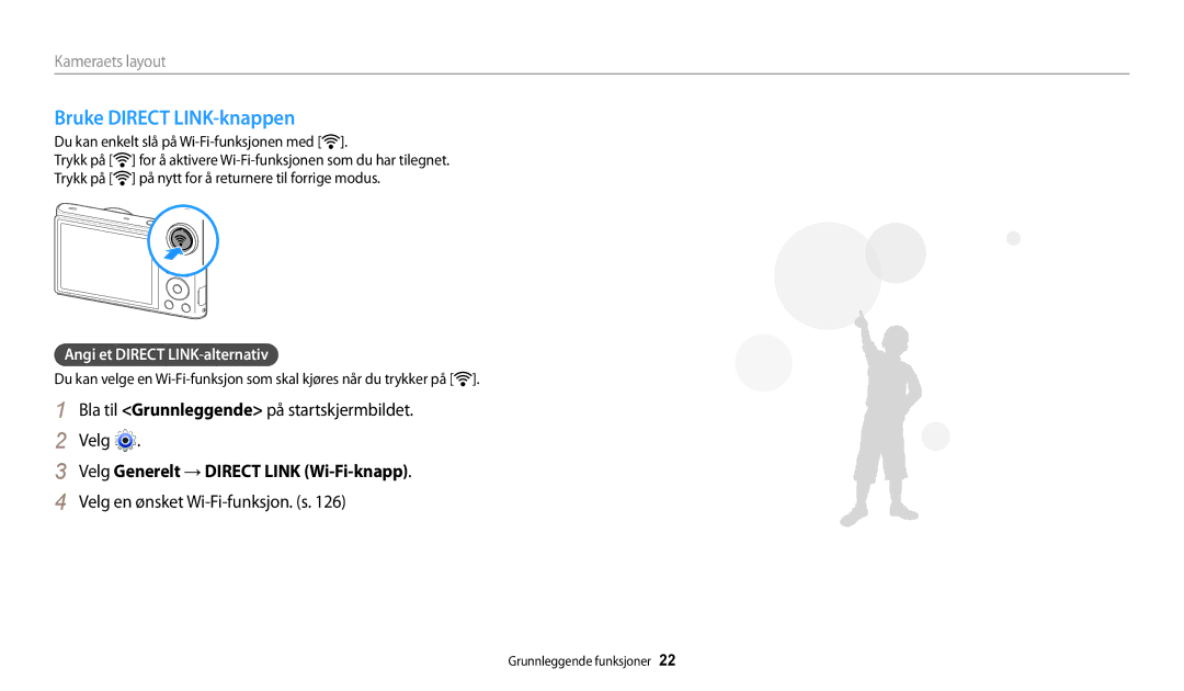Samsung EC-WB30FZBPBE2 manual Bruke Direct LINK-knappen, Velg en ønsket Wi-Fi-funksjon. s, Angi et Direct LINK-alternativ 