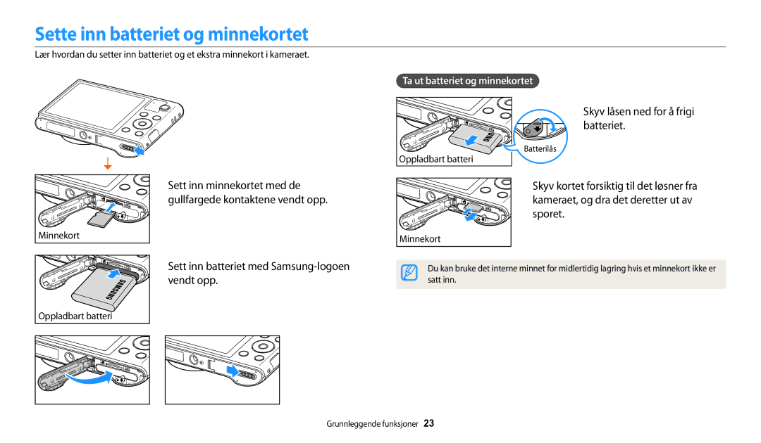 Samsung EC-WB31FZBPLE2, EC-WB30FZBPLE2 manual Sette inn batteriet og minnekortet, Skyv låsen ned for å frigi batteriet 