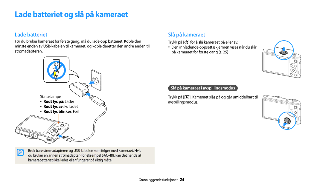 Samsung EC-WB32FZBDBE2, EC-WB30FZBPLE2 manual Lade batteriet og slå på kameraet, Slå på kameraet i avspillingsmodus 