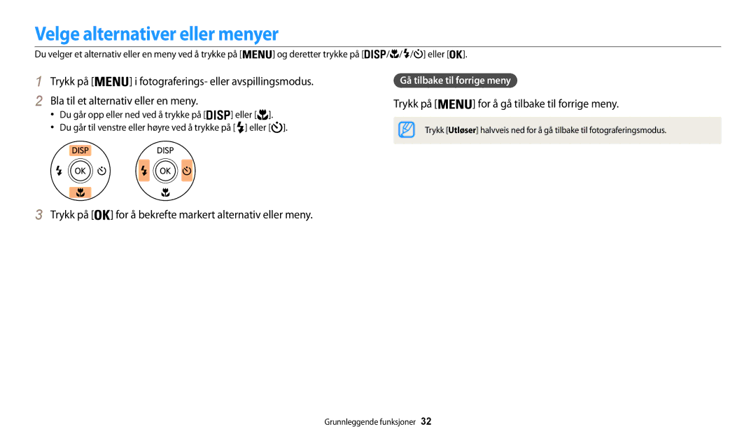 Samsung EC-WB31FZBPLE2 Velge alternativer eller menyer, Bla til et alternativ eller en meny, Gå tilbake til forrige meny 