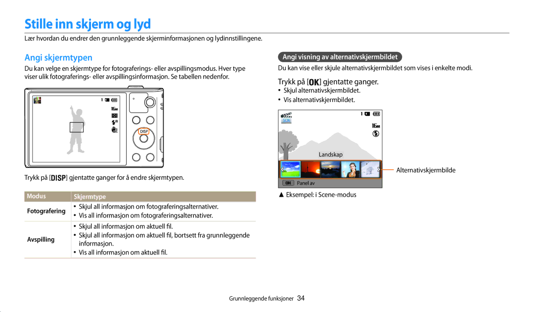 Samsung EC-WB30FZBPWE2 manual Stille inn skjerm og lyd, Angi skjermtypen, Trykk på gjentatte ganger, Modus Skjermtype 