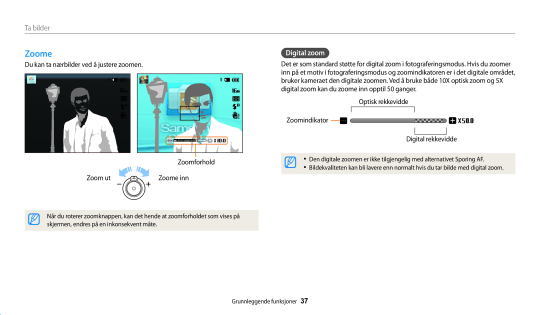 Samsung EC-WB31FZBPBE2, EC-WB30FZBPLE2 manual Zoome, Digital zoom, Optisk rekkevidde Zoomindikator Digital rekkevidde 