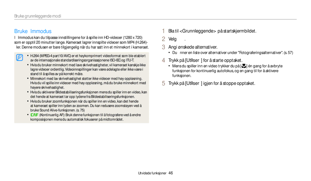 Samsung EC-WB31FZBPBE2, EC-WB30FZBPLE2, EC-WB30FZBPPE2 manual Bruke filmmodus, Trykk på Utløser for å starte opptaket 