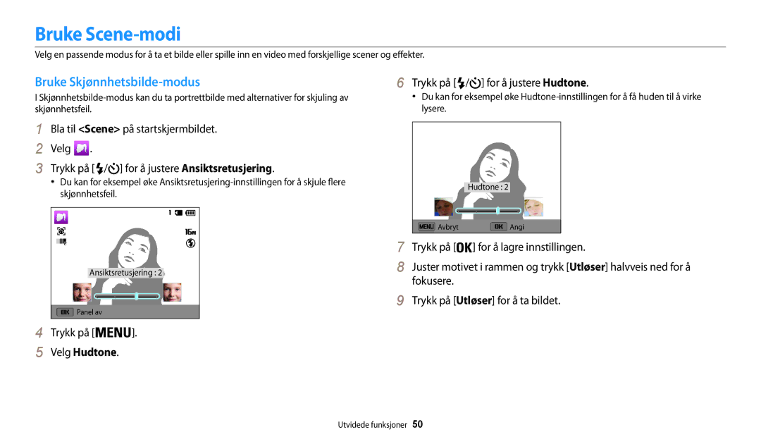 Samsung EC-WB31FZBPLE2 manual Bruke Scene-modi, Bruke Skjønnhetsbilde-modus, Velg Hudtone, Trykk på / for å justere Hudtone 