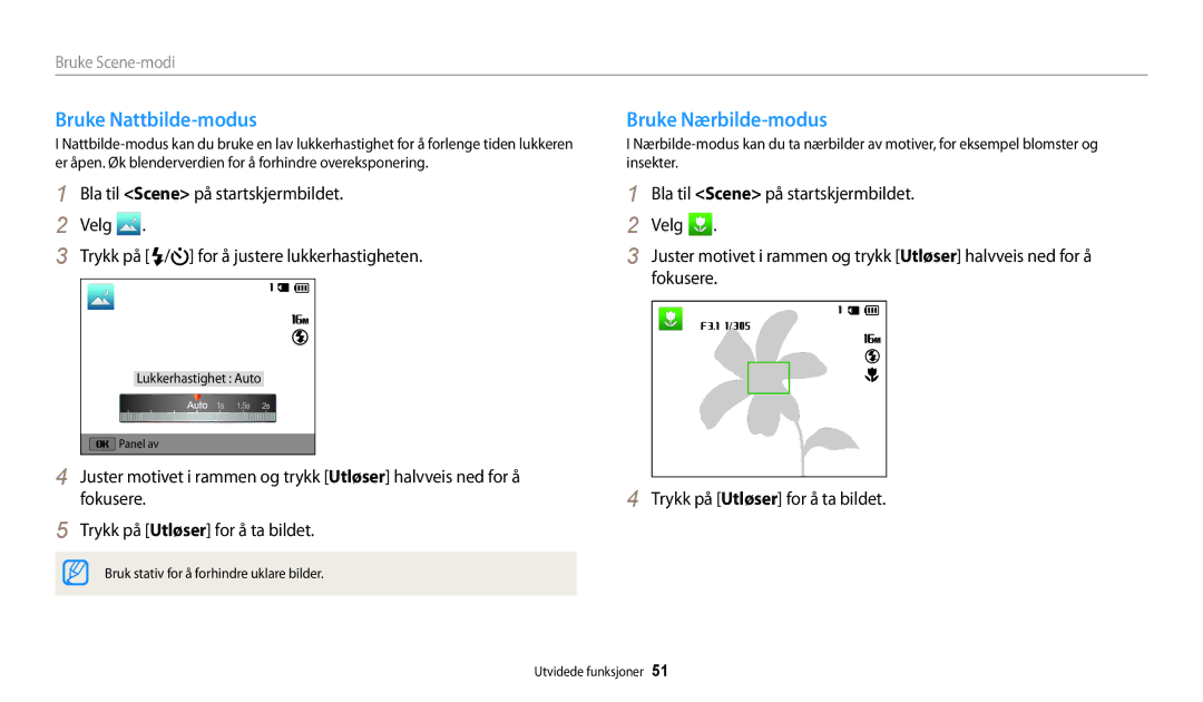 Samsung EC-WB32FZBDBE2, EC-WB30FZBPLE2, EC-WB30FZBPPE2, EC-WB31FZBPBE2 manual Bruke Nattbilde-modus, Bruke Nærbilde-modus 