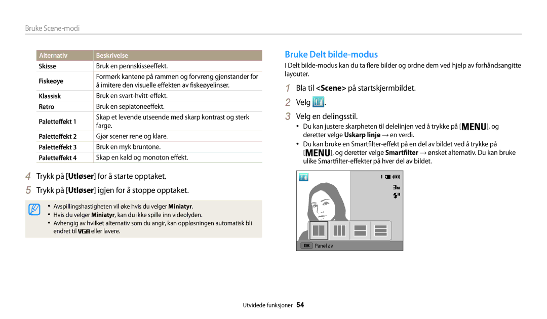 Samsung EC-WB30FZBPPE2 Bruke Delt bilde-modus, Bla til Scene på startskjermbildet Velg Velg en delingsstil, Paletteffekt 