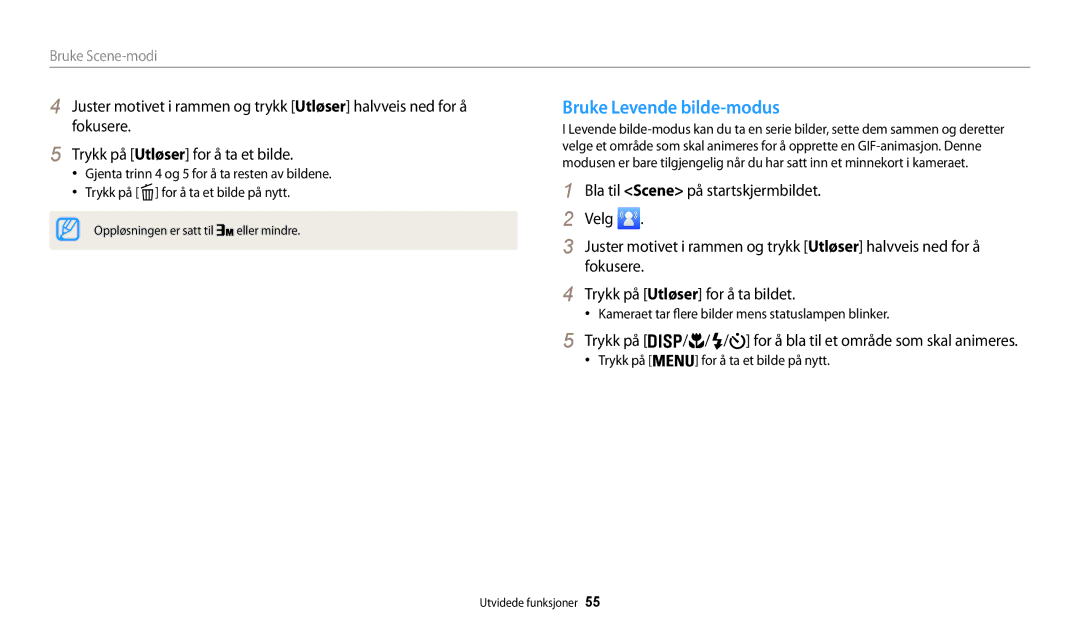 Samsung EC-WB31FZBPBE2, EC-WB30FZBPLE2 manual Bruke Levende bilde-modus, Kameraet tar flere bilder mens statuslampen blinker 