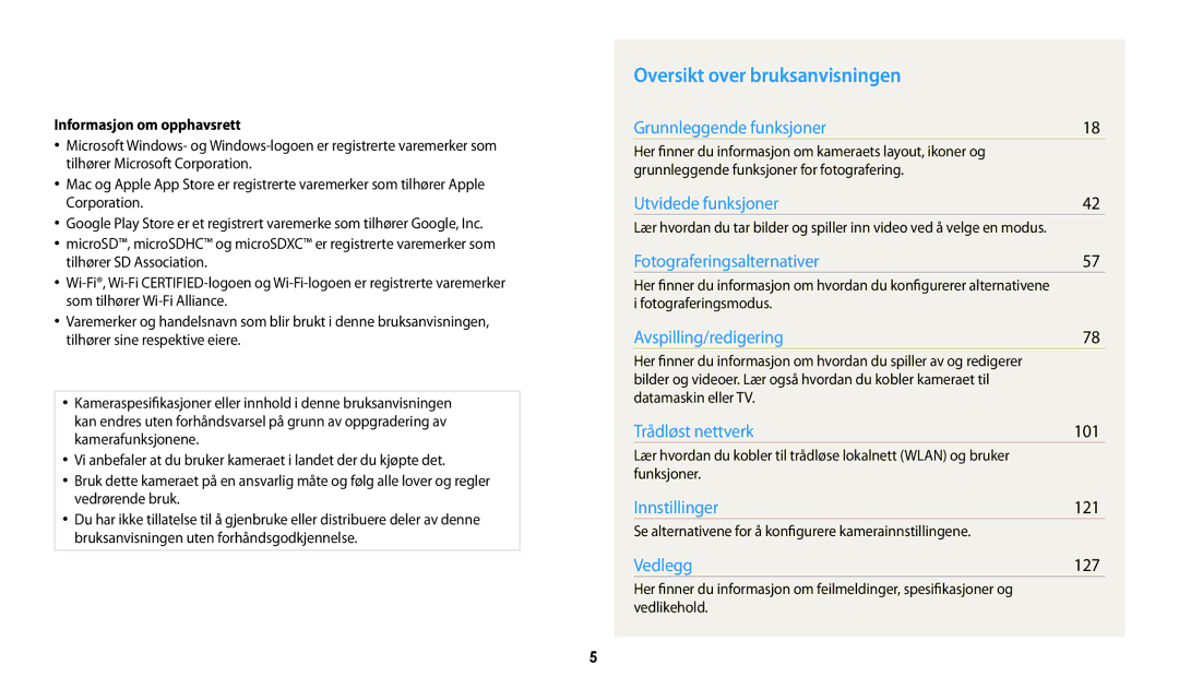 Samsung EC-WB31FZBPLE2, EC-WB30FZBPLE2 manual Oversikt over bruksanvisningen, 101, 121, 127, Informasjon om opphavsrett 