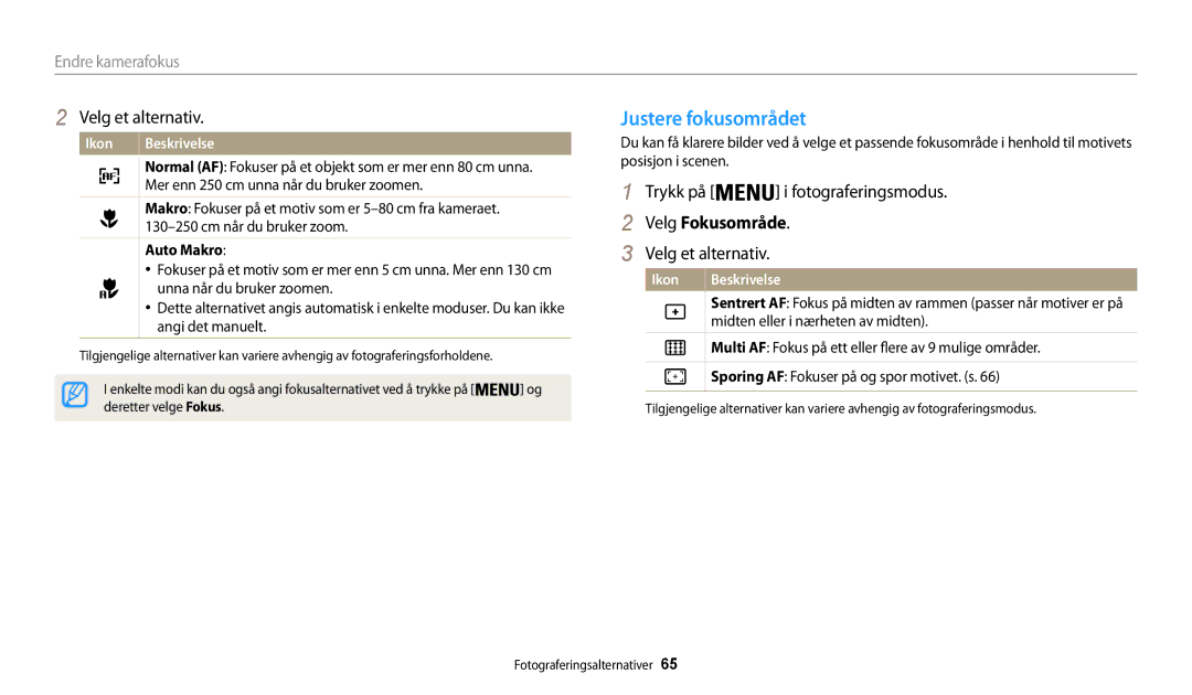 Samsung EC-WB31FZBPWE2, EC-WB30FZBPLE2, EC-WB30FZBPPE2, EC-WB31FZBPBE2 Justere fokusområdet, Velg Fokusområde, Auto Makro 